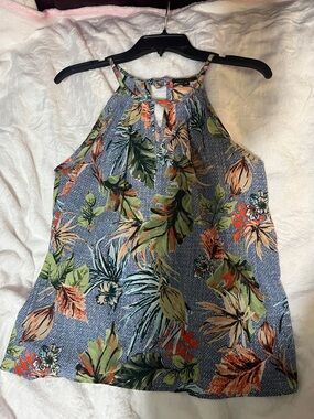 Papermoon Blue Tropical Halter Camisole with Green and Orange Floral Print